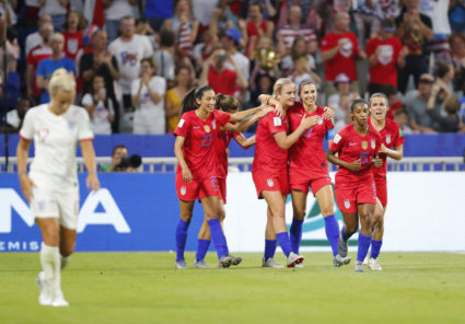 United States forward Alex Morgan (13) celebrates with teammates after scoring a goal against England in the first half of semi-final play in the FIFA Women's World Cup France 2019 soccer tournament at Stade de Lyon. Photo by Michael Chow-USA TODAY Sports