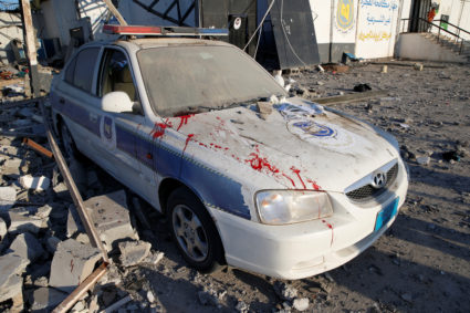 Blood stains are seen on a police car at a detention centre for mainly African migrants, hit by an airstrike in the Tajoura suburb of Tripoli, Libya July 3, 2019. Photo by: Ismail Zitouny/Reuters