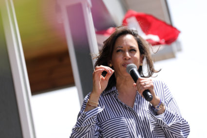 Democratic presidential candidate and U.S. Senator Kamala Harris (D-CA) speaks during a Fourth of July House Party in Indianola, Iowa, July 4, 2019. Photo by Scott Morgan/Reuters