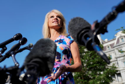White House adviser Kellyanne Conway speaks to reporters at the White House in Washington, on July 9, 2019. Photo by Kevin Lamarque/Reuters