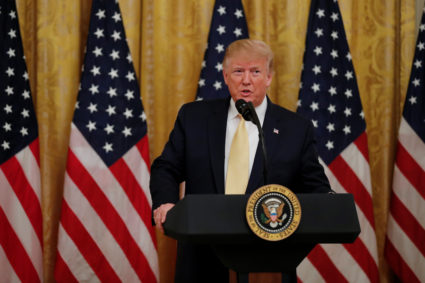 President Donald Trump speaks during a "social media summit" meeting with prominent conservative social media figures in the East Room of the White House in Washington, on July 11, 2019. Photo by Carlos Barria/Reuters