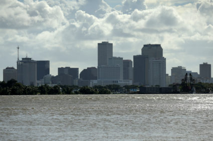 A view of downtown New Orleans pictured with the Mississippi River as Tropical Storm Barry approaches land in New Orleans, Louisiana, on July 11, 2019. Photo by Jonathan Bachman/Reuters