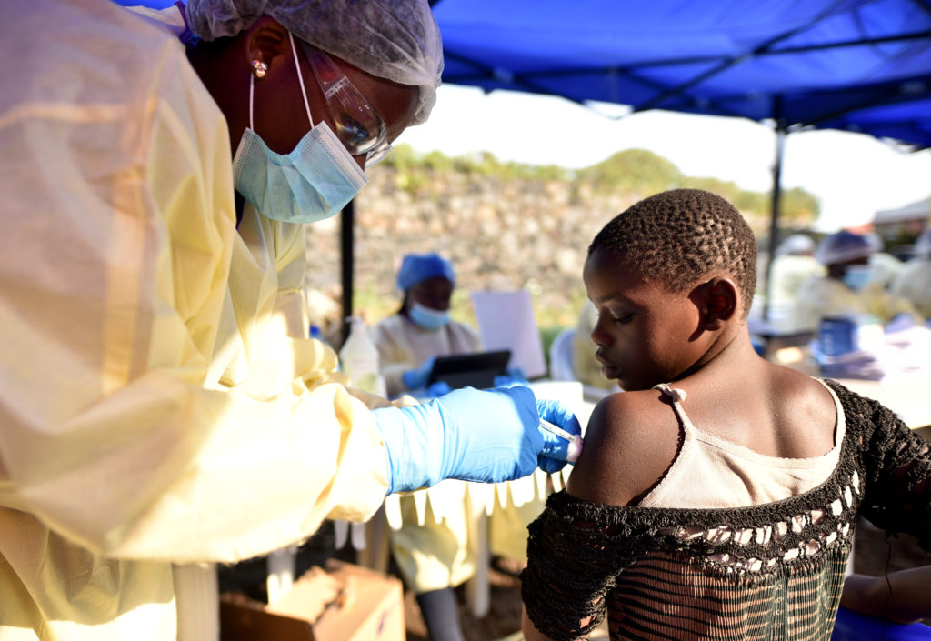 A Congolese health worker administers ebola vaccine to a child at the Himbi Health Centre in Goma, Democratic Republic of ...