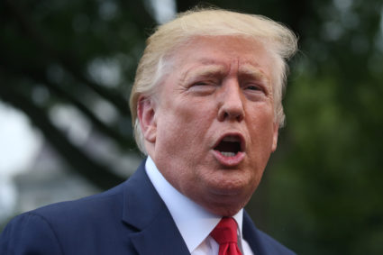 President Donald Trump talks to reporters as he departs for travel to Greenville, North Carolina from the South Lawn of the White House in Washington, on July 17, 2019. Photo by Leah Millis/Reuters
