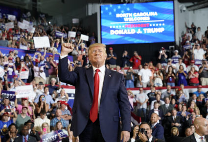 U.S. President Donald Trump reacts at a campaign rally in Greenville, North Carolina, U.S., July 17, 2019. Photo by Kevin Lamarque/Reuters