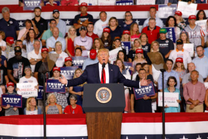 U.S. President Donald Trump speaks about U.S. Representative Ilhan Omar, and the crowd responded with "send her back", at a "Keep America Great" campaign rally in Greenville, North Carolina, on July 17, 2019. Photo by Jonathan Drake/Reuters