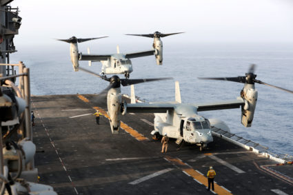 An MV-22 Osprey aircraft lands on the deck of the USS Boxer (LHD-4) in the Arabian Sea off Oman July 15, 2019. Photo by Ahmed Jadallah/Reuters