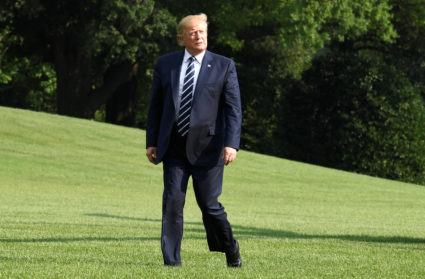 President Donald Trump returns to the White House, Washington, U.S., after a weekend at his golf club in Bedminster, New Jersey on July 21, 2019. Photo by Mike Theiler/Reuters