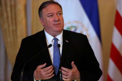 U.S. Secretary of State Mike Pompeo speaks at a joint news conference with President of El Salvador Nayib Bukele at the Presidential House in San Salvador, El Salvador, July 21, 2019. Photo by: Jose Cabezas/Reuters