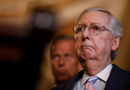 U.S. Senate Majority Leader Mitch McConnell (R-KY) addresses reporters after the weekly senate party caucus luncheons at the U.S. Capitol in Washington, U.S., July 23, 2019. Photo by: Eric Thayer/Reuters