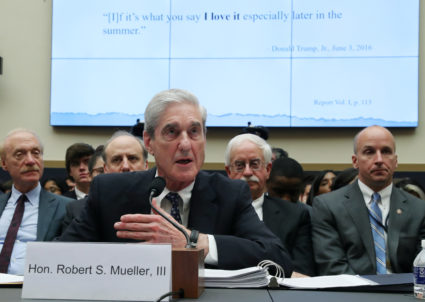 Former Special Counsel Robert Mueller testifies before the House Intelligence Committee at a hearing on the Office of Special Counsel's investigation into Russian Interference in the 2016 Presidential Election on Capitol Hill in Washington, D.C. Photo by Leah Millis/Reuters