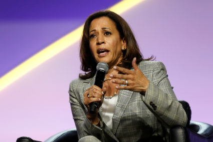 Democratic U.S. Presidential candidate Senator Kamala Harris addresses the audience during the Presidential candidate forum at the annual convention of the National Association for the Advancement of Colored People (NAACP), in Detroit, Michigan, July 24, 2019. Photo by Rebecca Cook/Reuters