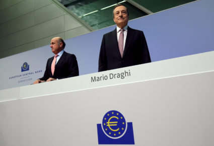 European Central Bank (ECB) President Mario Draghi and Vice-President Luis de Guindos arrive for a news conference at the ECB headquarters in Frankfurt, Germany, on July 25, 2019. Photo by Ralph Orlowski/Reuters