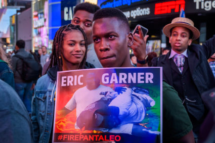 Members of Black Lives Matter Greater NY and allies held a protest rally in Times Square on June 4, 2019, demanding justice for Eric Garner as Daniel Pantaleos trial resume. Photo by Erik McGregor/Pacific Press/LightRocket via Getty Images