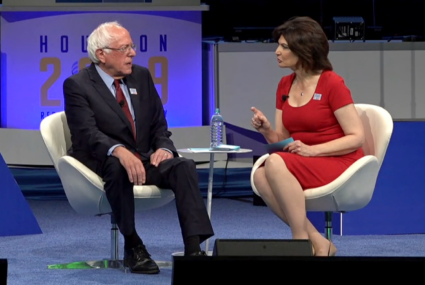 Sen. Bernie Sanders answers questions at the 2019 National Education Association forum.