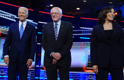 Democratic U.S. 2020 election presidential candidates including former Vice President Joe Biden, Senator Bernie Sanders and Senator Kamala Harris at the 2020 presidential election Democratic candidates debate in Miami on June 27, 2019. Photo by Carlo Allegri/Reuters