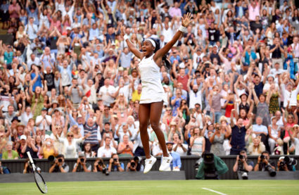 Tennis - Wimbledon - All England Lawn Tennis and Croquet Club, London, Britain - July 5, 2019 Cori Gauff of the U.S. celebrates winning her third round match against Slovenia's Polona Hercog. Photo by: Toby Melville/Reuters