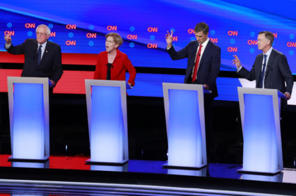 U.S. Senator Bernie Sanders, U.S. Senator Elizabeth Warren, former U.S. Rep. Beto O'Rourke and former Colorado Governor John Hickenlooper (L-R) debate on the first night of the second 2020 Democratic U.S. presidential debate in Detroit, Michigan, U.S., July 30, 2019. REUTERS/Lucas Jackson - HP1EF7V03K9JF