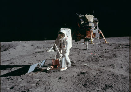 Buzz Aldrin sets up a seismology experiment during the Apollo 11 mission to detect lunar "moonquakes." Photo by NASA
