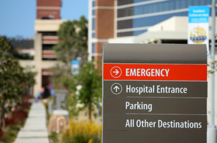 An emergency sign points to the entrance to Scripps Memorial Hospital in La Jolla, California, on March 23, 2017. Photo by Mike Blake/Reuters