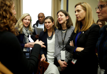 Representative-elect Abigail Spanberger (D-VA), Elissa Slotkin (D-MI), Elaine Luria (D-VA) and Mikie Sherrill (D-NJ) speak about their office assignments on Capitol Hill in Washington, U.S., November 30, 2018. The women are part of a group of first-term female representatives with national security backgrounds who flipped Republican seats last year. Photo by Joshua Roberts/Reuters