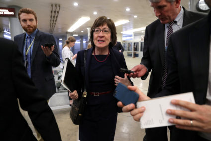 U.S. Senator Susan Collins (R-ME) speaks to reporters as she arrives for the weekly Republican Party caucus luncheon at the U.S. Capitol in Washington, U.S., February 26, 2019. Photo by Jonathan Ernst/Reuters