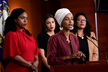 U.S. Rep. Ilhan Omar speaks alongside Reps. Rashida Tlaib (right), Alexandria Ocasio-Cortez (center) and Ayanna Pressley (left) at a news conference held after Democrats in the U.S. Congress moved to formally condemn President Donald Trump's attacks on the four minority congresswomen on Capitol Hill in Washington, on July 15, 2019. Photo by Erin Scott/Reuters