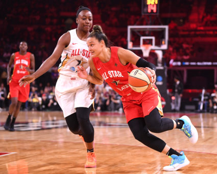 Guard Kayla McBride (21) dribbles against Jewell Loyd (24) during the first half of the WNBA All Star Game at Mandalay Bay Events Center on Jul 27, 2019. Mandatory Credit: Stephen R. Sylvanie-USA TODAY Sports