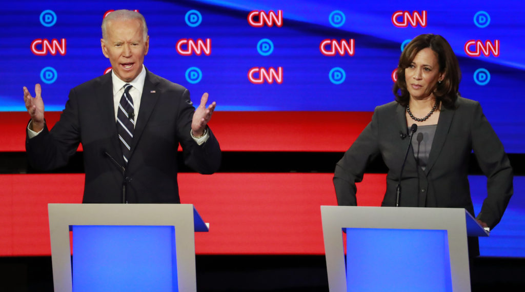 Candidates former Vice President Joe Biden and Sen. Kamala Harris on the second night of the second 2020 Democratic U.S. p...