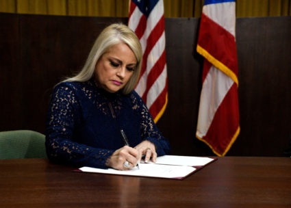 Wanda Vazquez, former Secretary of Justice, is sworn in as Governor of Puerto Rico after Pedro Pierluisi's former oath was declared unconstitutional by the Supreme Court of Puerto Rico in San Juan, Puerto Rico August 7, 2019. Photo by Gabriella N. Baez/Reuters