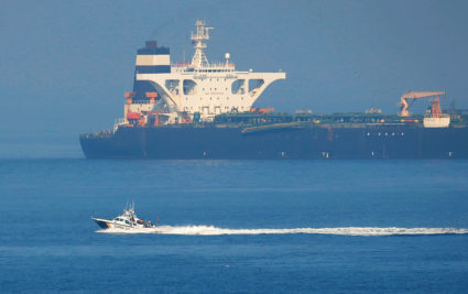 A Spanish Civil Guard boat sails past Iranian oil tanker Grace 1 as it sits anchored after it was seized in July by British Royal Marines off the coast of the British Mediterranean territory on suspicion of violating sanctions against Syria, in the Strait of Gibraltar, southern Spain August 13, 2019. REUTERS/Jon NazcaA Spanish Civil Guard boat sails past Iranian oil tanker Grace 1 as it sits anchored after it was seized in July by British Royal Marines off the coast of the British Mediterranean territory on suspicion of violating sanctions against Syria, in the Strait of Gibraltar, southern Spain August 13, 2019. REUTERS/Jon Nazca