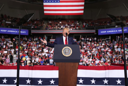 President Donald Trump rallies with supporters in Manchester, New Hampshire on August 15, 2019. Photo by Jonathan Ernst/Reuters