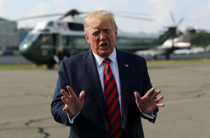 President Donald Trump speaks to reporters before boarding Air Force One to return to Washington from Morristown Municipal Airport in Morristown, New Jersey on August 18, 2019. Photo by Jonathan Ernst/Reuters