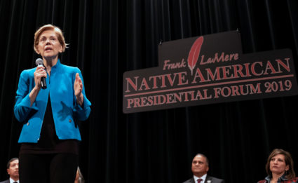 U.S. 2020 Democratic presidential candidate and U.S. Senator Elizabeth Warren speaks at the Frank LaMere Native American Forum while campaigning in Sioux City, Iowa, on August 19, 2019. Photo by Alex Wroblewski/Reuters