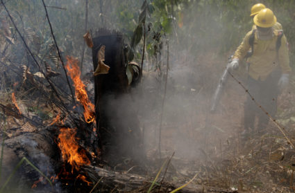Firefighters extinguish a fire in Amazon jungle in Porto Velho, Brazil August 25, 2019. Photo by Ricardo Moraes/Reuters