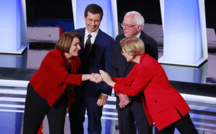 U.S. Senator Amy Klobuchar, South Bend Mayor Pete Buttigieg, U.S. Senator Bernie Sanders and U.S. Senator Elizabeth Warren (L-R) greet each other on the first night of the second 2020 Democratic U.S. presidential debate in Detroit on July 30. Photo by Lucas Jackson/Reuters