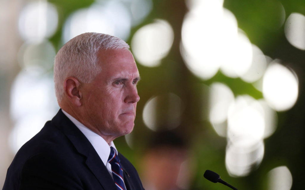 U.S. Vice President Mike Pence speaks at the Itamaraty Palace in Brasilia, Brazil on June 26, 2018. Photo Adriano Machado/...