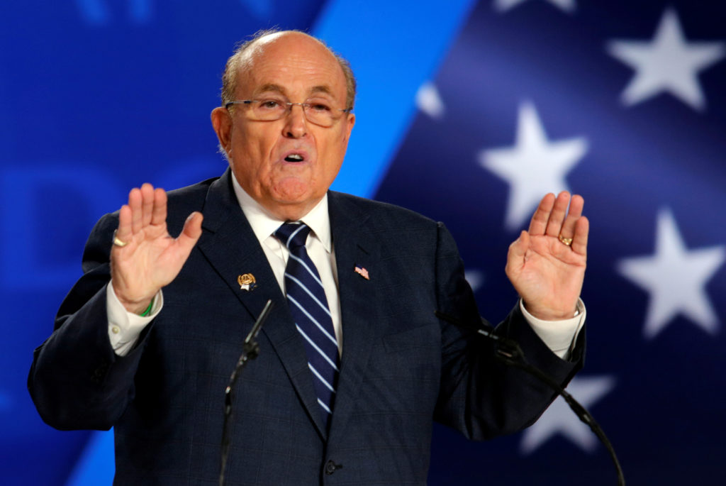 Rudy Giuliani, former Mayor of New York City, speaks at an event in Ashraf-3 camp, which is a base for the People's Mojahe...