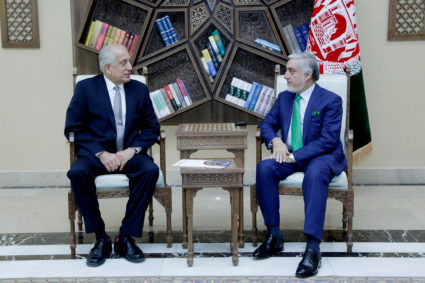 U.S. special representative for Afghanistan, Zalmay Khalilzad (L), meets with Afghanistan Chief Executive Abdullah Abdullah in Kabul, Afghanistan on September 2, 2019. Photo courtesy: Afghan Chief Executive office/Handout via Reuters