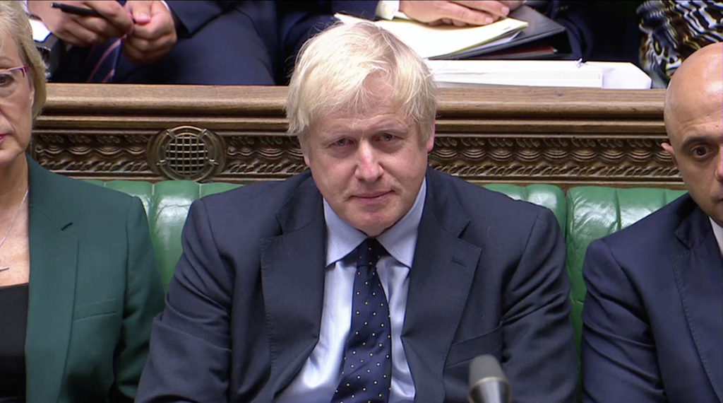 British Prime Minister Boris Johnson speaks in Parliament in London, Britain September 3, 2019, in this screen grab taken ...