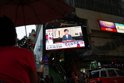 A news conference of Hong Kong's Chief Executive Carrie Lam is televised in Hong Kong, China, September 4, 2019. Photo by Kai Pfaffenbach/Reuters