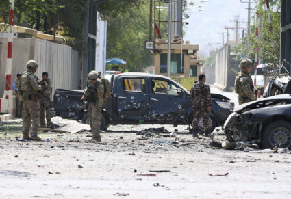 Foreign troops with NATO-led Resolute Support Mission investigate at the site of a suicide attack in Kabul, Afghanistan on September 5, 2019. Photo by Omar Sobhani/Reuters