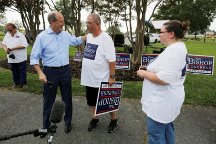 Dan Bishop, Republican candidate in the special election for North Carolina's 9th Congressional District, greets campaign volunteers outside a polling station in Indian Trail, North Carolina, U.S., September 10, 2019. Photo by Jonathan Drake/Reuters