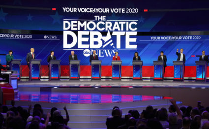 Democratic U.S. presidential candidates Senator Amy Klobuchar, Senator Cory Booker, South Bend Mayor Pete Buttigieg, Senator Bernie Sanders, former Vice President Joe Biden, Senator Elizabeth Warren, Senator Kamala Harris, entrepreneur Andrew Yang, former Rep. Beto O'Rourke and former Housing Secretary Julian Castro at the 2020 Democratic U.S. presidential debate in Houston, Texas, U.S. September 12, 2019. Photo by Mike Blake/Reuters