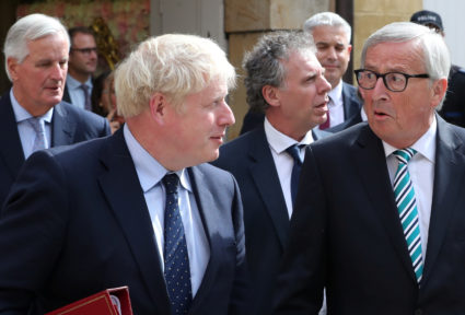 British Prime Minister Boris Johnson, European Commission President Jean-Claude Juncker and European Union's chief Brexit negotiator Michel Barnier leave after their meeting in Luxembourg, September 16, 2019. Photo by Yves Herman/Reuters