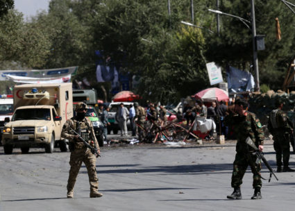 Afghan security forces inspect the site of a blast in Kabul, Afghanistan on September 17, 2019. Photo by Omar Sobhani/Reuters