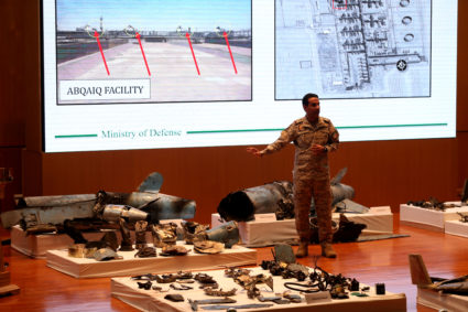 Saudi defence ministry spokesman Colonel Turki Al-Malik displays remains of the missiles which Saudi government says were used to attack an Aramco oil facility, during a news conference in Riyadh, Saudi Arabia September 18, 2019. Photo by Hamad I Mohammed/Reuters