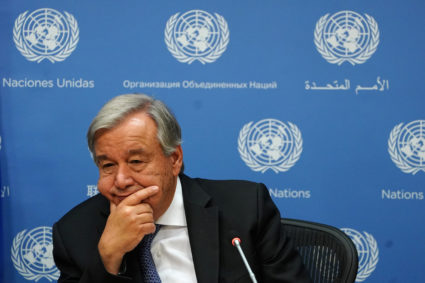 Secretary-General of the United Nations Antonio Guterres speaks to the press at United Nations headquarters in the Manhattan borough of New York, September 18, 2019. Photo by Carlo Allegri/Reuters
