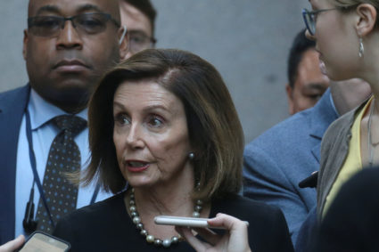 U.S. House Speaker Nancy Pelosi (D-Calif.) speaks to reporters as she arrives for a meeting at the U.S. Capitol in Washington, D.C. Photo by Leah Millis/Reuters