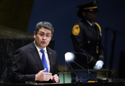 Honduras' President Juan Orlando Hernandez addresses the 74th session of the United Nations General Assembly at U.N. headquarters in New York City, September 25, 2019. Photo by Carlo Allegri/Reuters